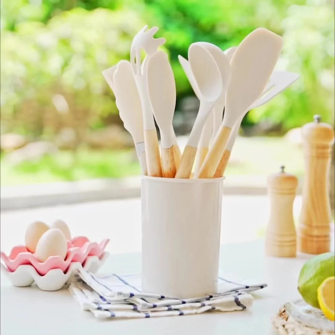 Kitchen Utensil Set 12-Piece Heat-Resistant Silicone & Bamboo Handles