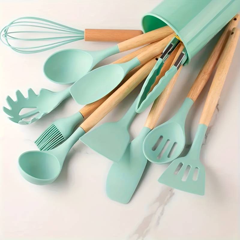 Kitchen Utensil Set 12-Piece Heat-Resistant Silicone Wooden Handles