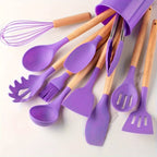Kitchen Utensil Set 12-Piece Heat-Resistant Silicone Wooden Handles