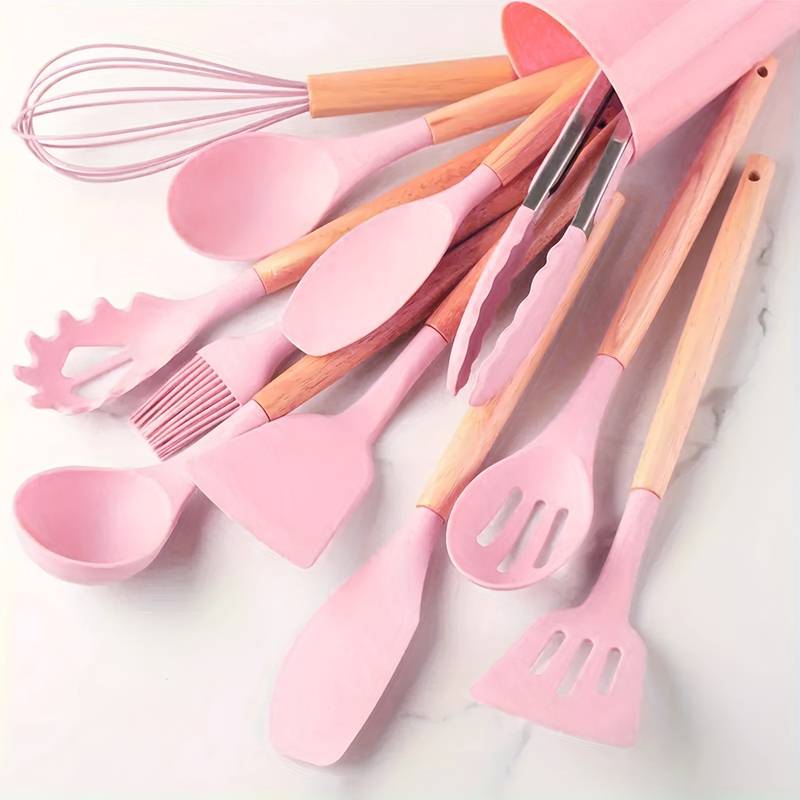 Kitchen Utensil Set 12-Piece Heat-Resistant Silicone Wooden Handles