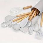 Kitchen Utensil Set 12-Piece Heat-Resistant Silicone Wooden Handles