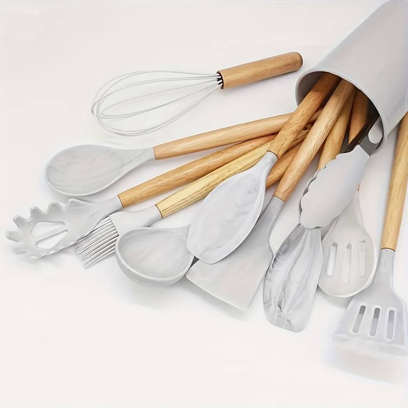 Kitchen Utensil Set 12-Piece Heat-Resistant Silicone Wooden Handles