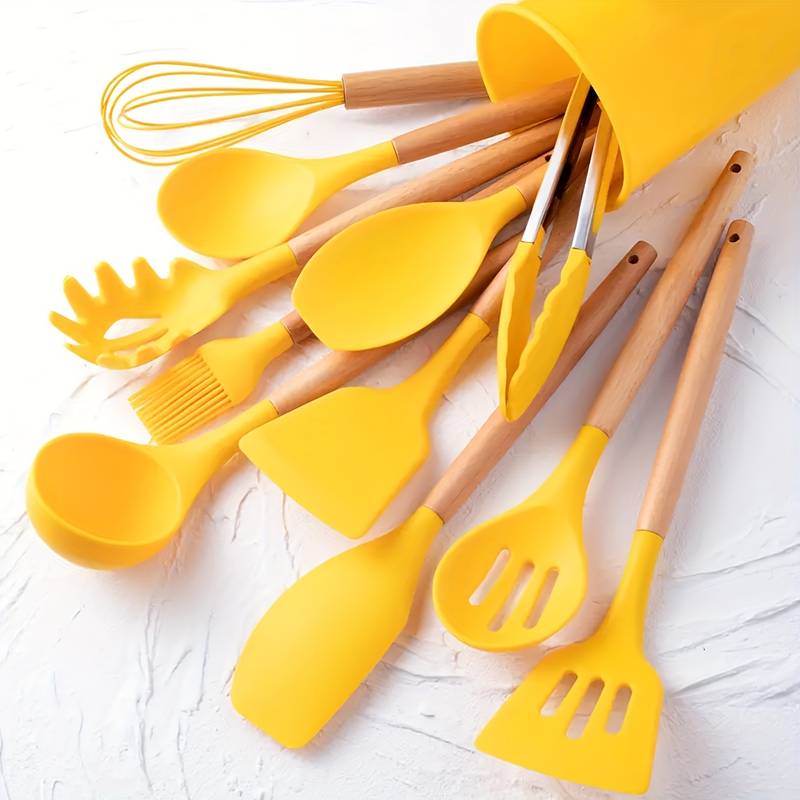Kitchen Utensil Set 12-Piece Heat-Resistant Silicone Wooden Handles
