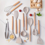 Kitchen Utensil Set 12-Piece Heat-Resistant Silicone Wooden Handles