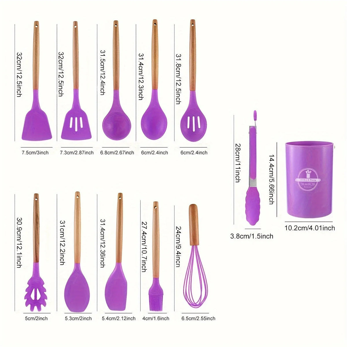 Kitchen Utensil Set 12-Piece Heat-Resistant Silicone Wooden Handles