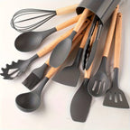 Kitchen Utensil Set 12-Piece Heat-Resistant Silicone Wooden Handles
