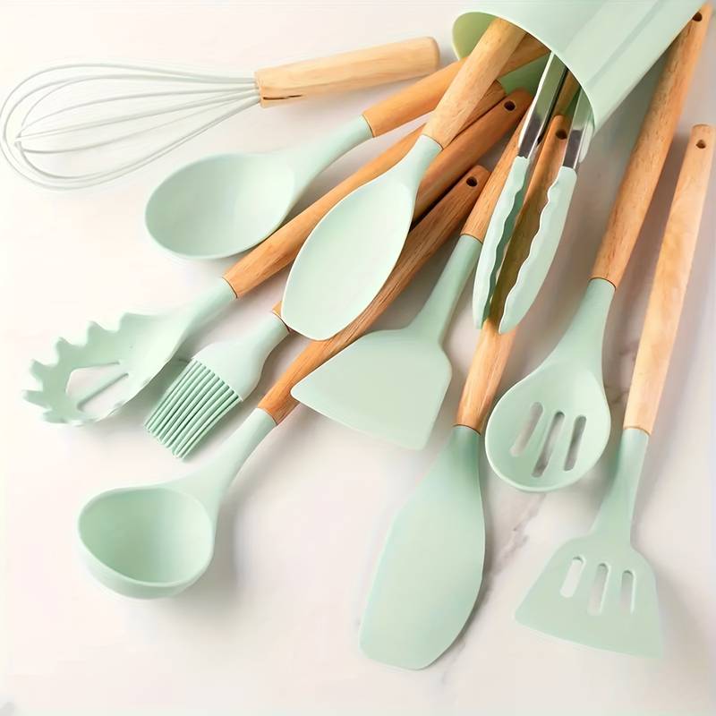 Kitchen Utensil Set 12-Piece Heat-Resistant Silicone Wooden Handles