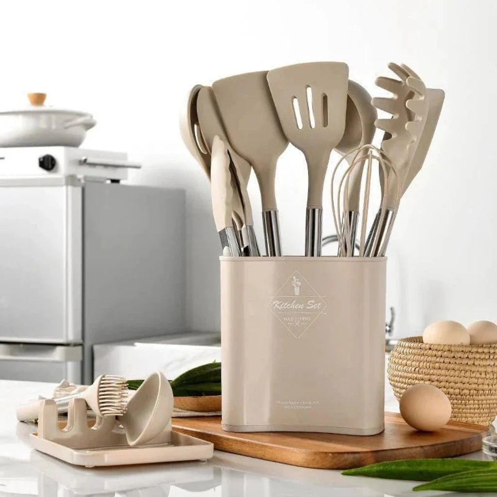 Kitchen Utensil Set 13-Piece Heat-Resistant Silicone With Holder