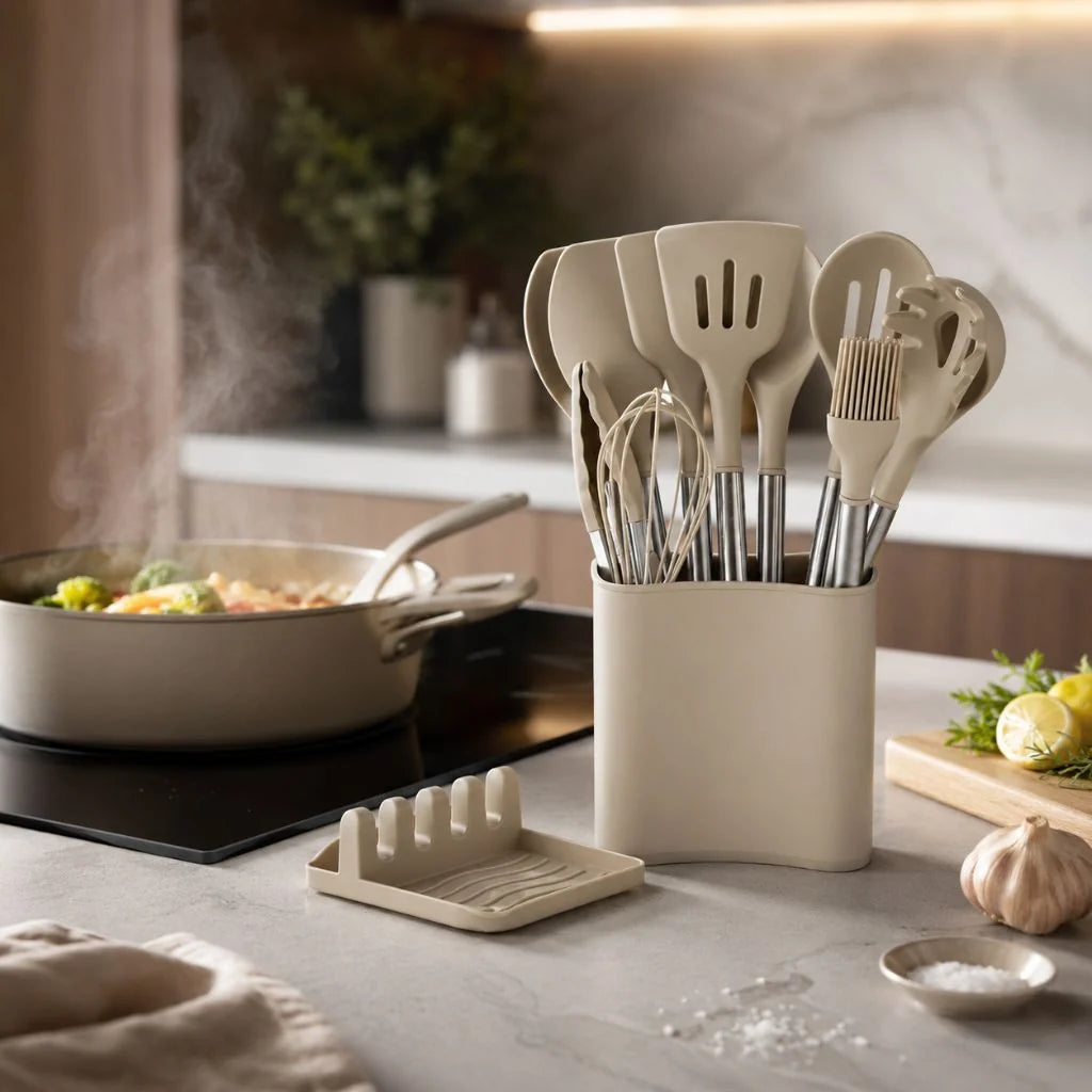 Kitchen Utensil Set 13-Piece Heat-Resistant Silicone With Holder
