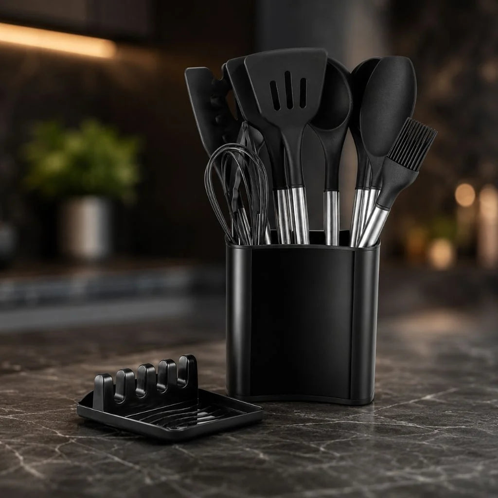 Kitchen Utensil Set 13-Piece Heat-Resistant Silicone With Holder