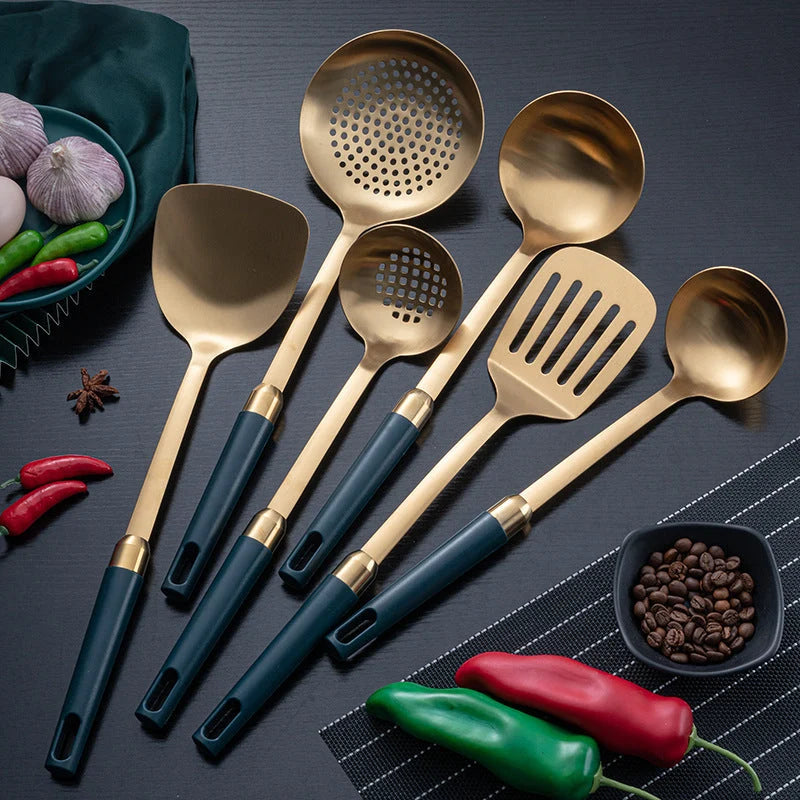 Kitchen Utensil Set 304 Stainless Steel Gold-Plated Hook Stand