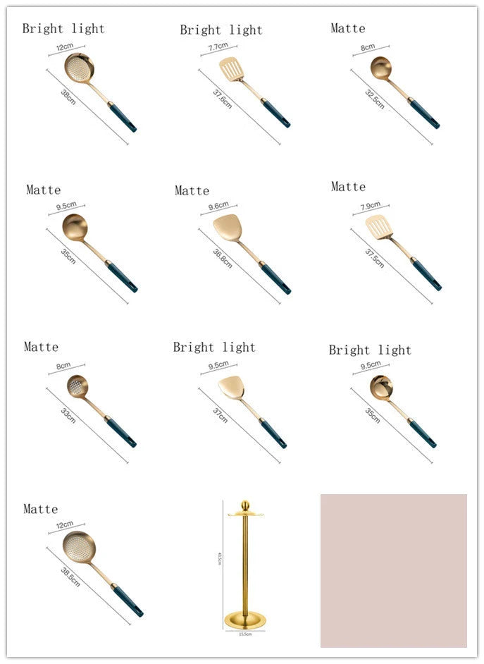 Kitchen Utensil Set 304 Stainless Steel Gold-Plated Hook Stand