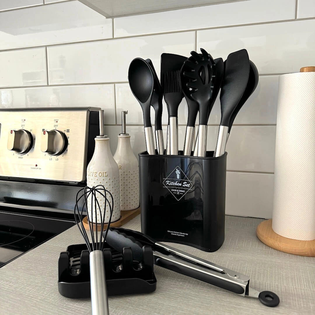Kitchen Utensil Set Heat-Resistant Silicone 12-Piece With Bucket