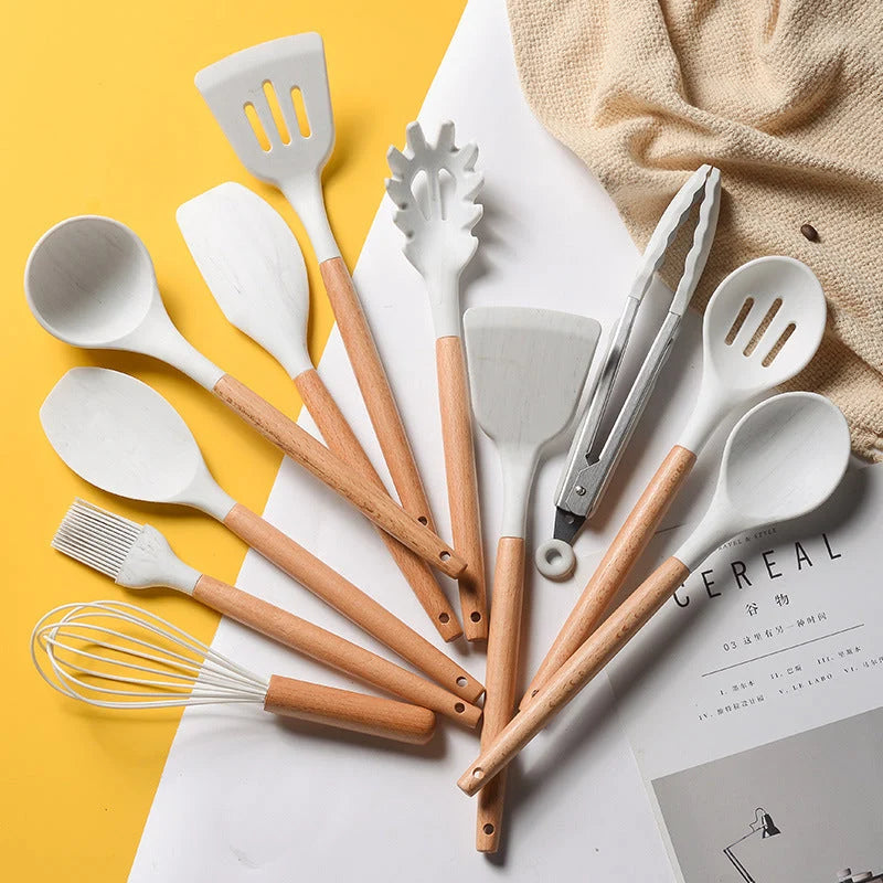 Kitchen Utensil Set Heat-Resistant Silicone & Beech Wood