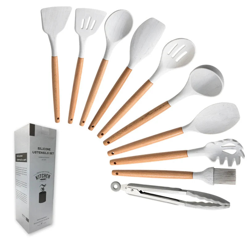 Kitchen Utensil Set Heat-Resistant Silicone & Beech Wood