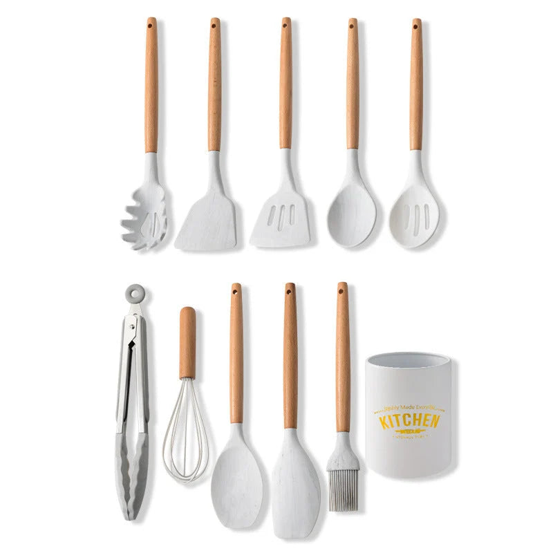 Kitchen Utensil Set Heat-Resistant Silicone & Beech Wood
