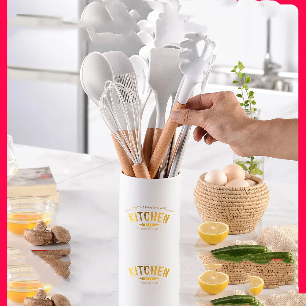 Kitchen Utensil Set Heat-Resistant Silicone & Beech Wood