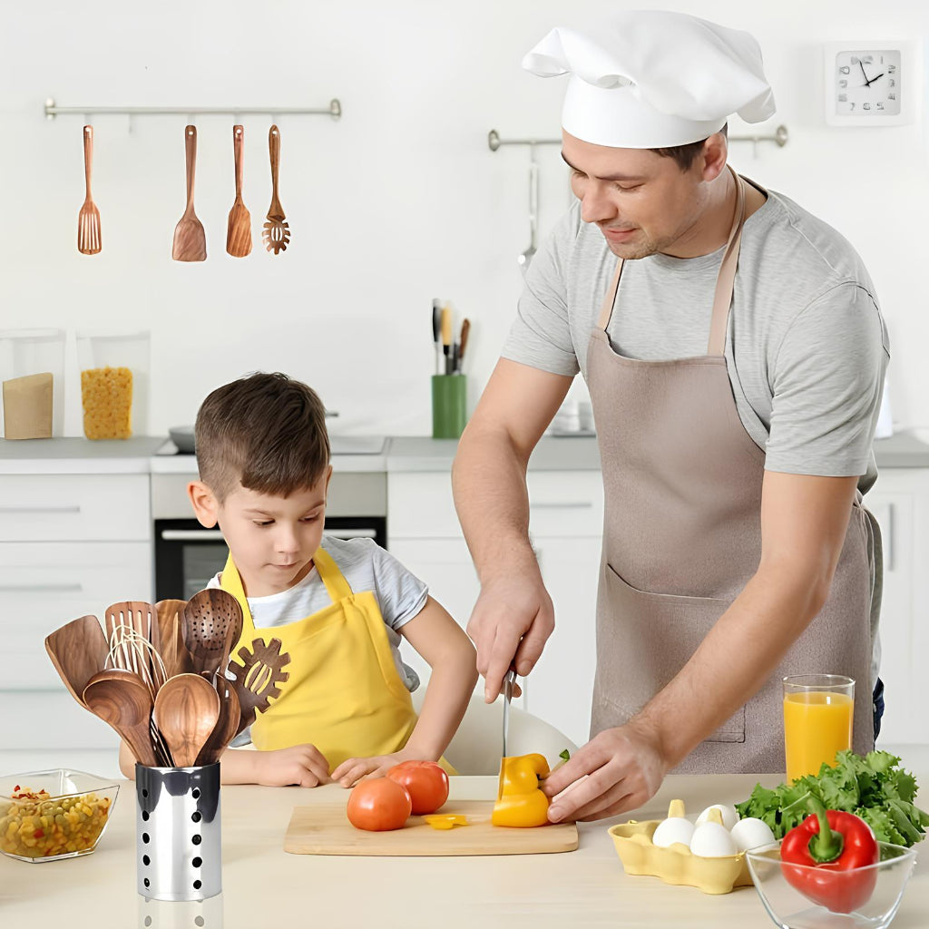 Kitchen Utensil Set Natural Wood 11-Piece Countertop Holder