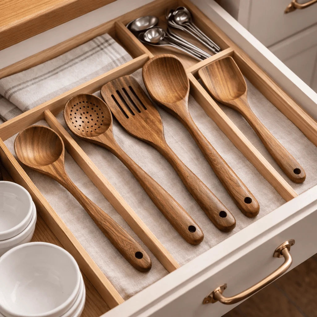 Kitchen Utensil Set Natural Wood Heat-Resistant Non-Scratch