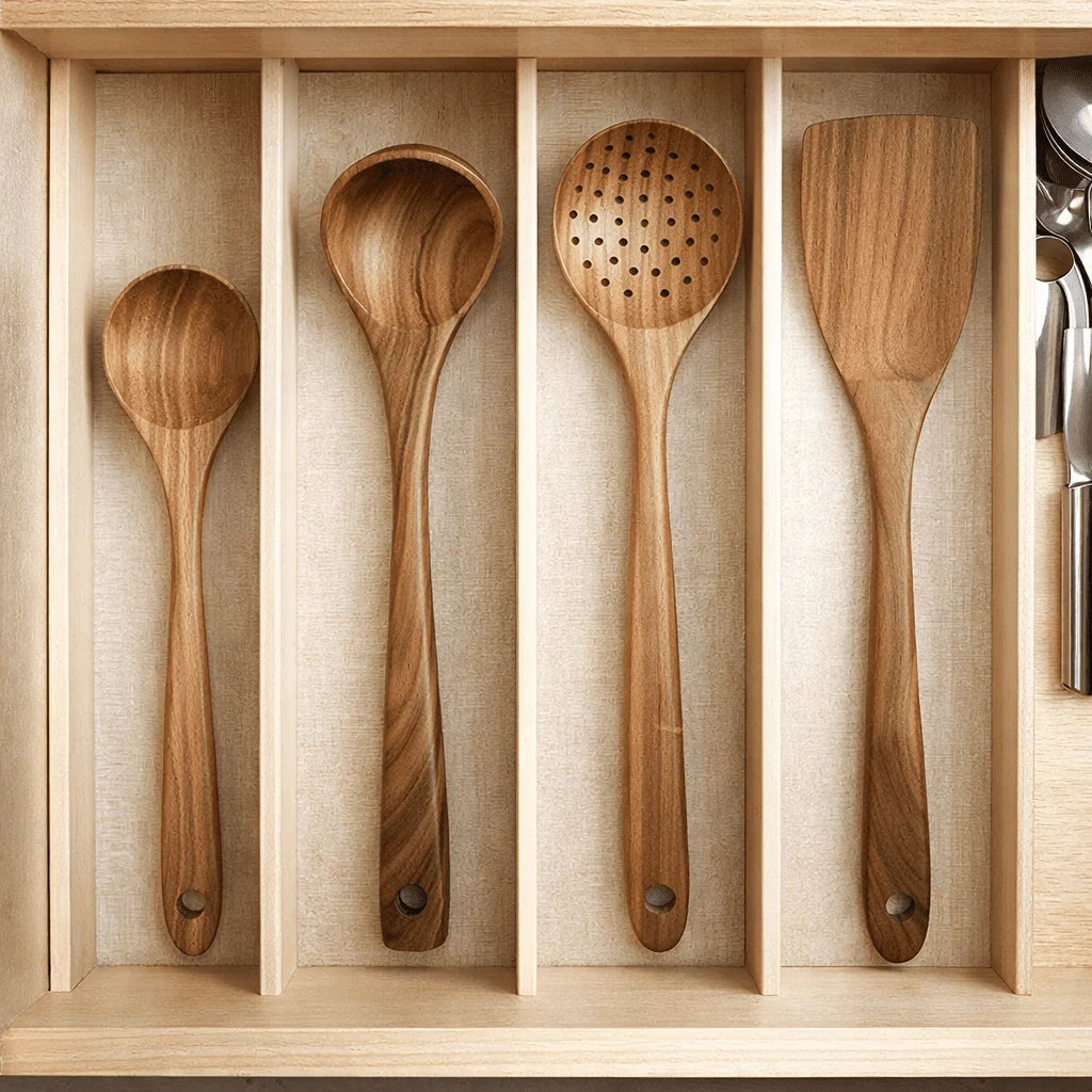Kitchen Utensil Set Natural Wood Heat-Resistant Non-Scratch