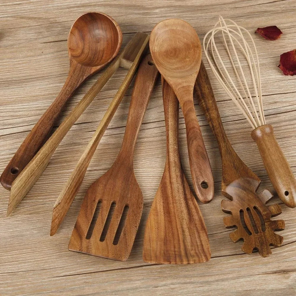 Kitchen Utensil Set Solid Beechwood 7-Piece Heat-Resistant & Non-Scratch