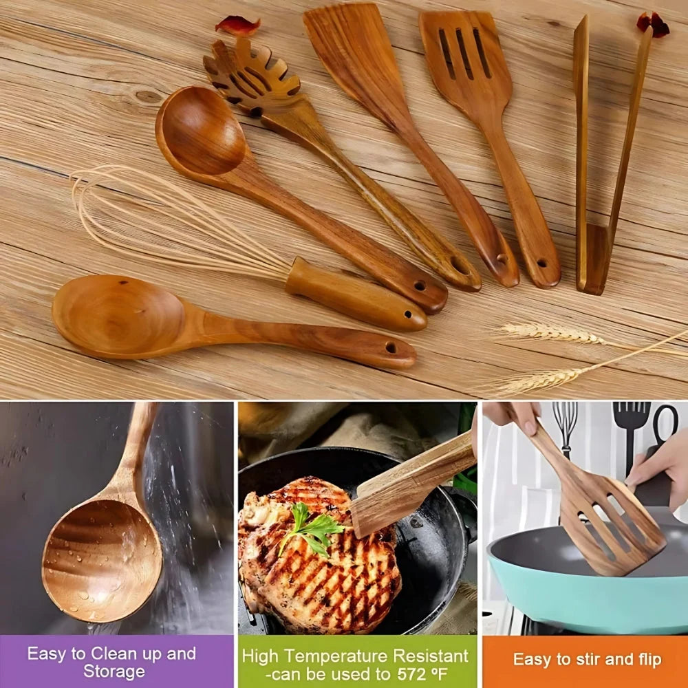 Kitchen Utensil Set Solid Beechwood 7-Piece Heat-Resistant & Non-Scratch