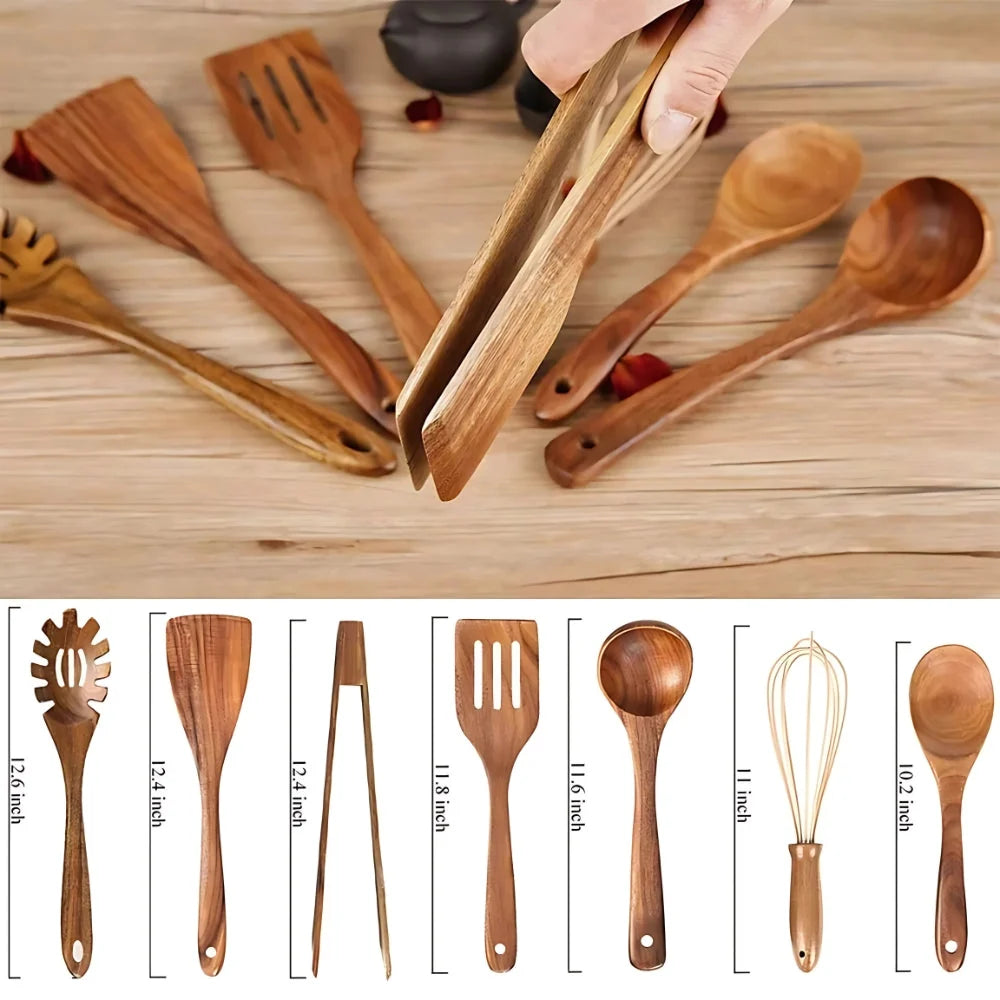 Kitchen Utensil Set Solid Beechwood 7-Piece Heat-Resistant & Non-Scratch