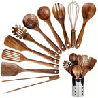 Kitchen Utensil Set Teak Wood 11-Piece With Holder