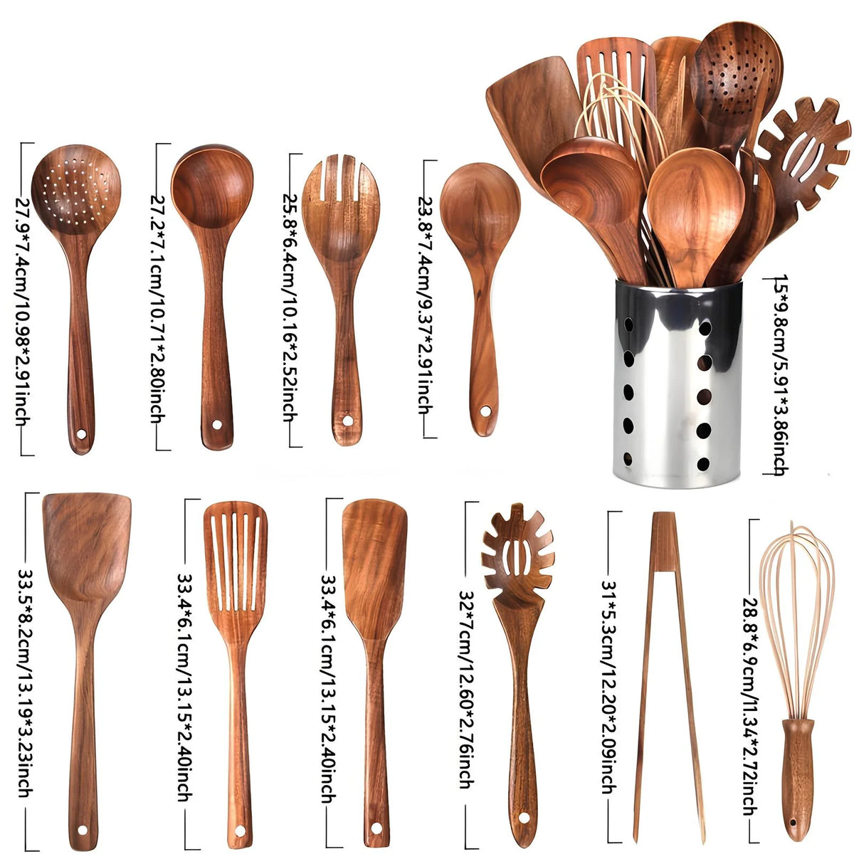 Kitchen Utensil Set Teak Wood 11-Piece With Holder