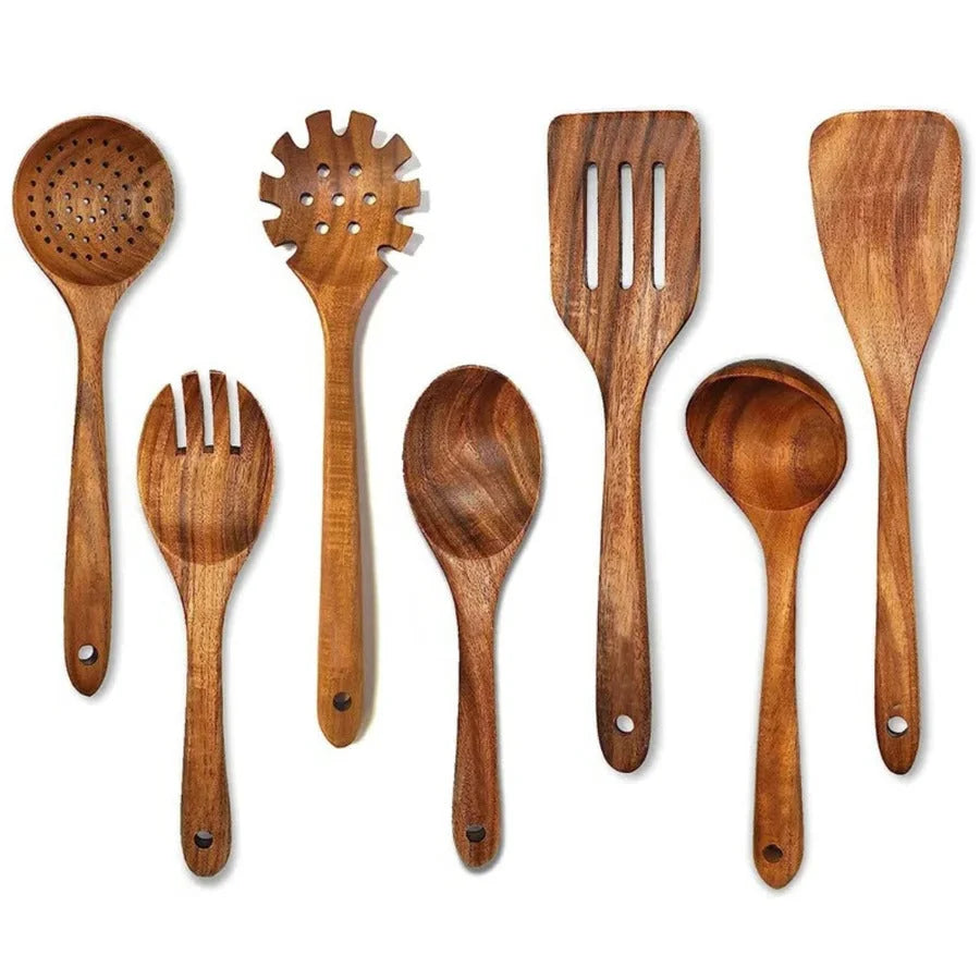 Kitchen Utensil Set Teak Wood Non-Scratch & Food-Safe Finish