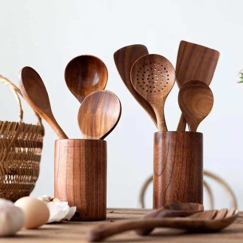Kitchen Utensil Set Teak Wood Non-Scratch & Food-Safe Finish
