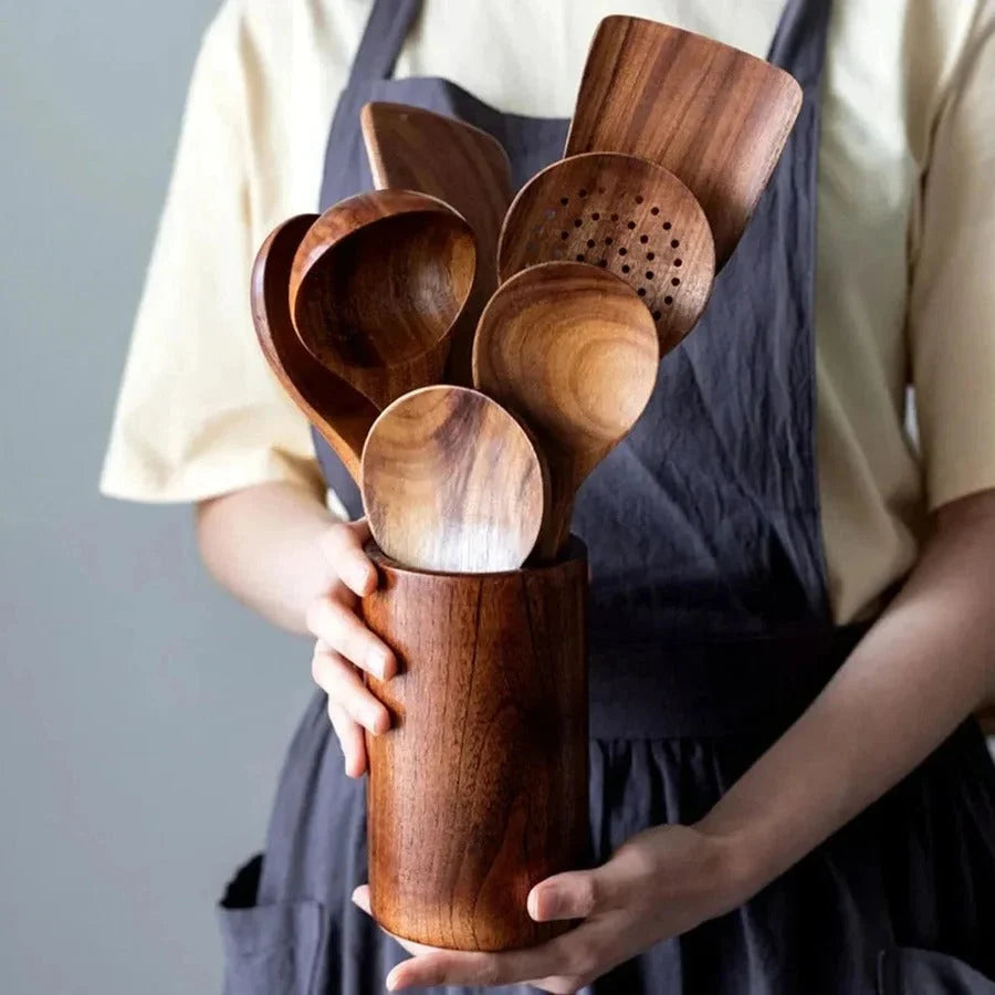 Kitchen Utensil Set Teak Wood Non-Scratch & Food-Safe Finish