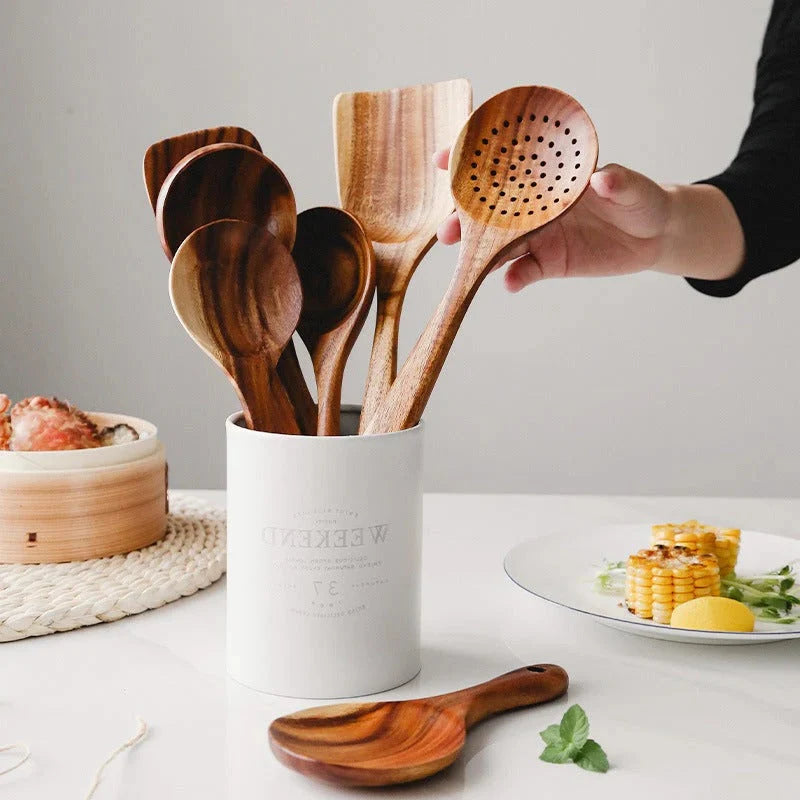 Kitchen Utensil Set Teak Wood Non-Scratch & Food-Safe Finish