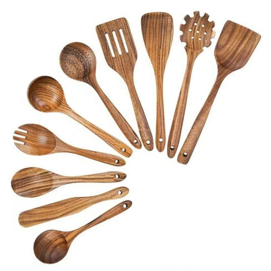 Kitchen Utensil Set Teak Wood Non-Scratch & Food-Safe Finish