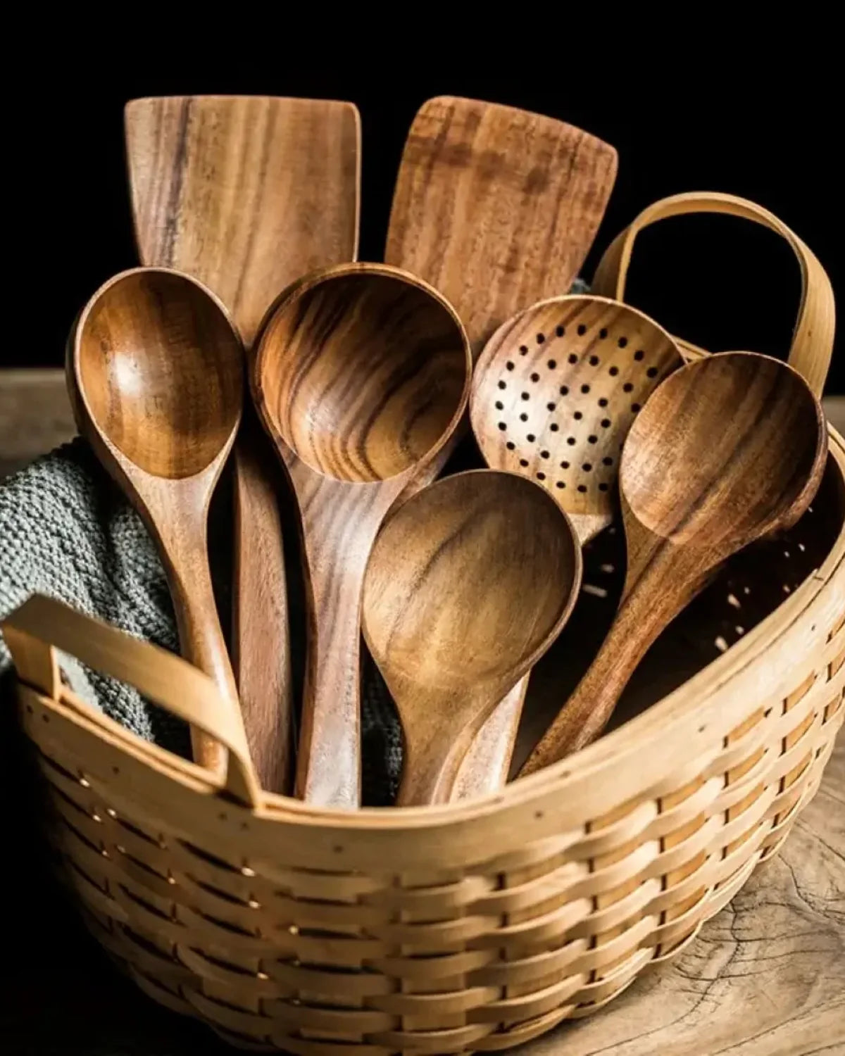 Kitchen Utensil Set Teak Wood Protects Non-Stick Heat-Resistant