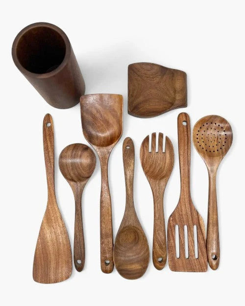 Kitchen Utensil Set Teak Wood Protects Non-Stick Heat-Resistant