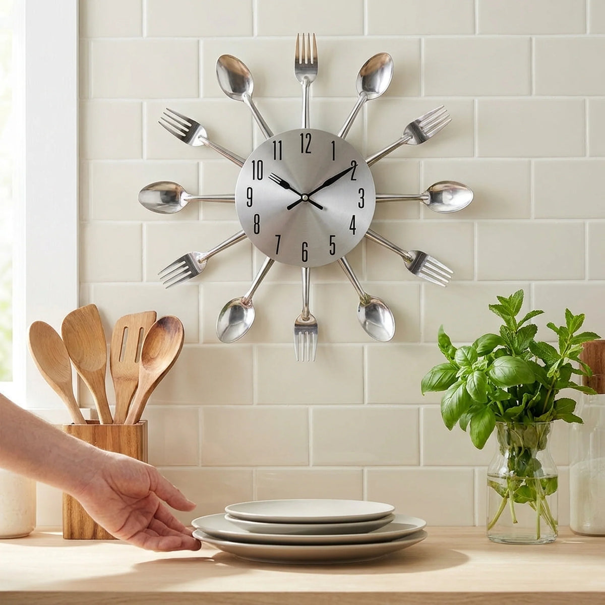 Kitchen Wall Clock Cutlery-Inspired Silent Metal