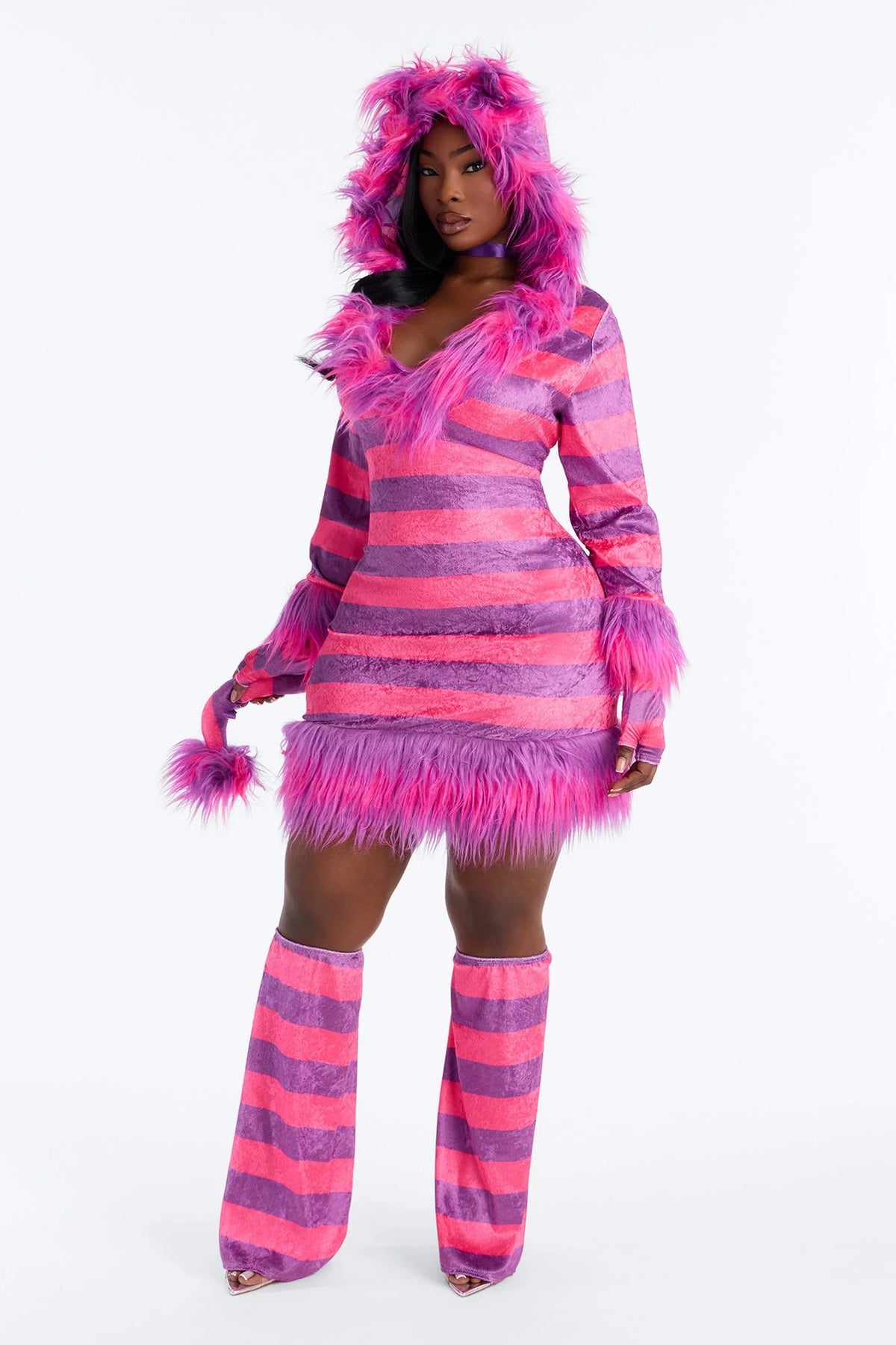 Kitty Costume Pink Fuzzy Hooded Dress Attached Tail
