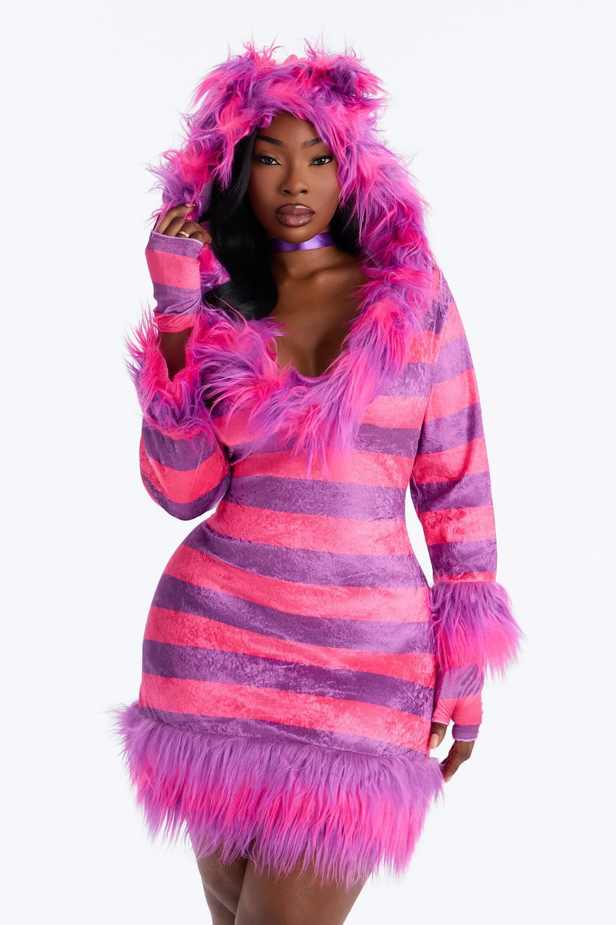 Kitty Costume Pink Fuzzy Hooded Dress Attached Tail