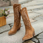 Knee-High Boots Embroidered Western Pointed Toe & Block Heel