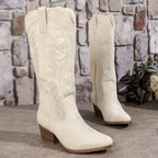 Knee-High Boots Embroidered Western Pointed Toe & Block Heel