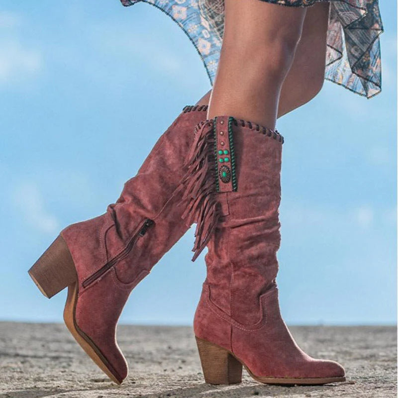 Knee-High Boots Faux Suede Fringe 3 Inch Block Heel