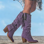Knee-High Boots Faux Suede Fringe 3 Inch Block Heel