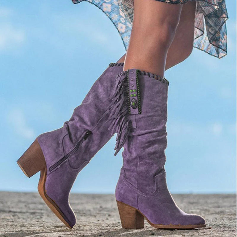Knee-High Boots Faux Suede Fringe 3 Inch Block Heel