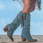 Knee-High Boots Faux Suede Fringe 3 Inch Block Heel