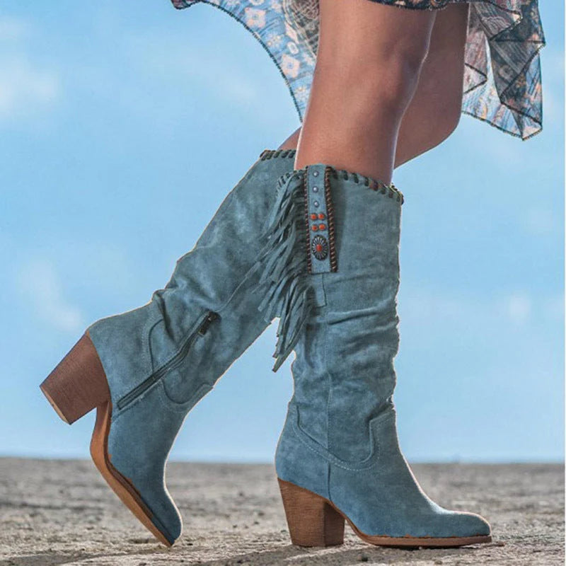 Knee-High Boots Faux Suede Fringe 3 Inch Block Heel
