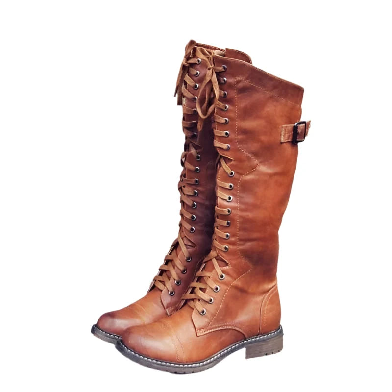 Knee-High Boots Full-Grain Leather Lace-Up & Inner Zip