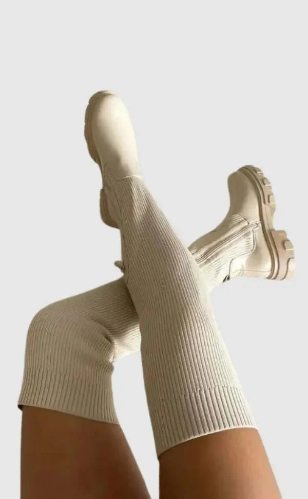 Knee-High Boots Ribbed Stretch Knit Comfortable Fit