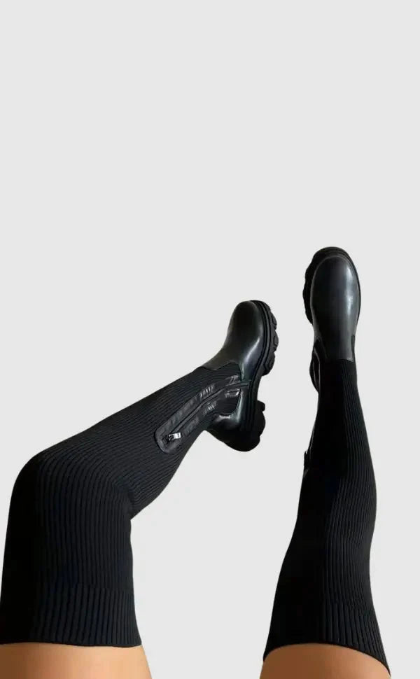 Knee-High Boots Ribbed Stretch Knit Comfortable Fit