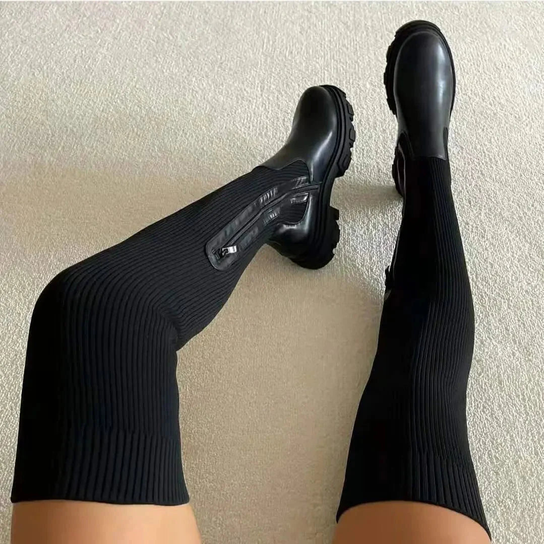 Knee-High Boots Ribbed Stretch Knit Comfortable Fit